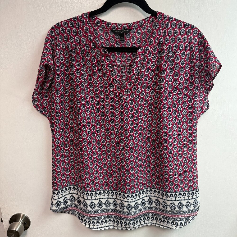 Banana Republic Women's Damask Red/Maroon/Blue Blouse Top Sz M Preowned